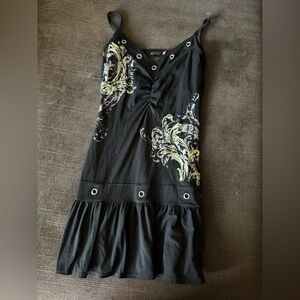 Y2K Black Sleeveless V-Neck Dress with Yellow Scroll Print